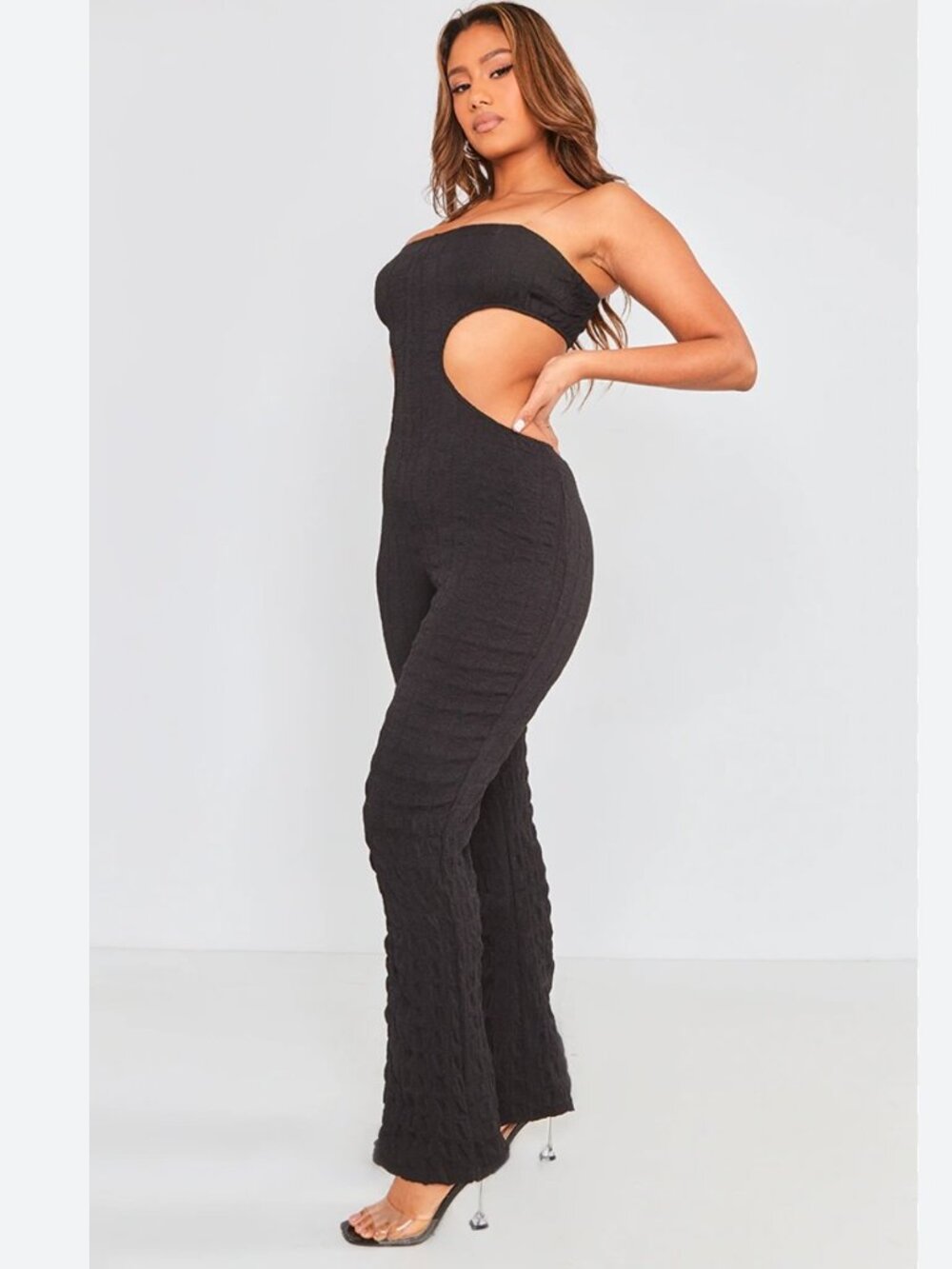 NWT PLT Modern Flirty Y2K Black Bubble Textured Tube Top Jumpsuit Size 0